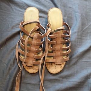 Mark Fisher 7.5M tan wrap up sandal wedges.